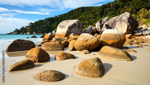 Idyllic Tropical Beach Scene with Large Boulders and Lush Green Hillside.