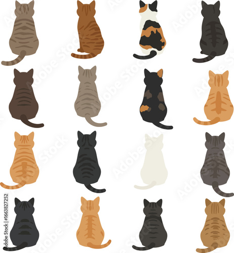 A charming and diverse vector illustration of cats in various poses. This playful collection features feline friends with different fur patterns, including tabby, calico, and solid colors.