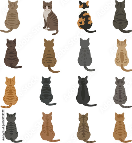 Collection of cute and diverse domestic cats illustration. Set of stylized vector cats from behind in different coat colors and patterns. Great for pet lovers.