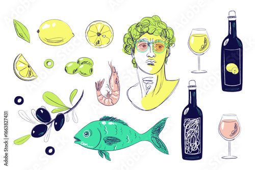 Mediterranean food and drinks set including wine, fish, lemon, olives, shrimp and stylized antique statue head. Hand drawn crayon illustration in sketchy style.