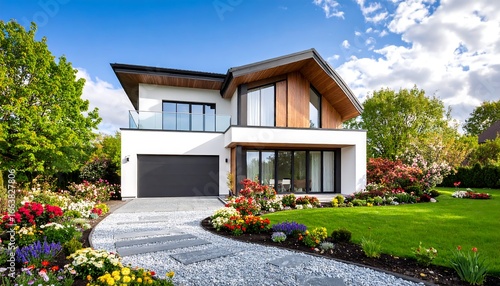A modern, well-maintained house with a meticulously landscaped yard, showcasing a harmonious blend of architectural design and outdoor beauty.