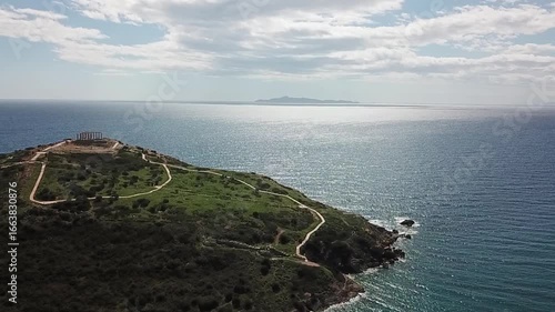 Aerial view of the Temple of Poseidon at Cape Sounion in Greece on a sunny day