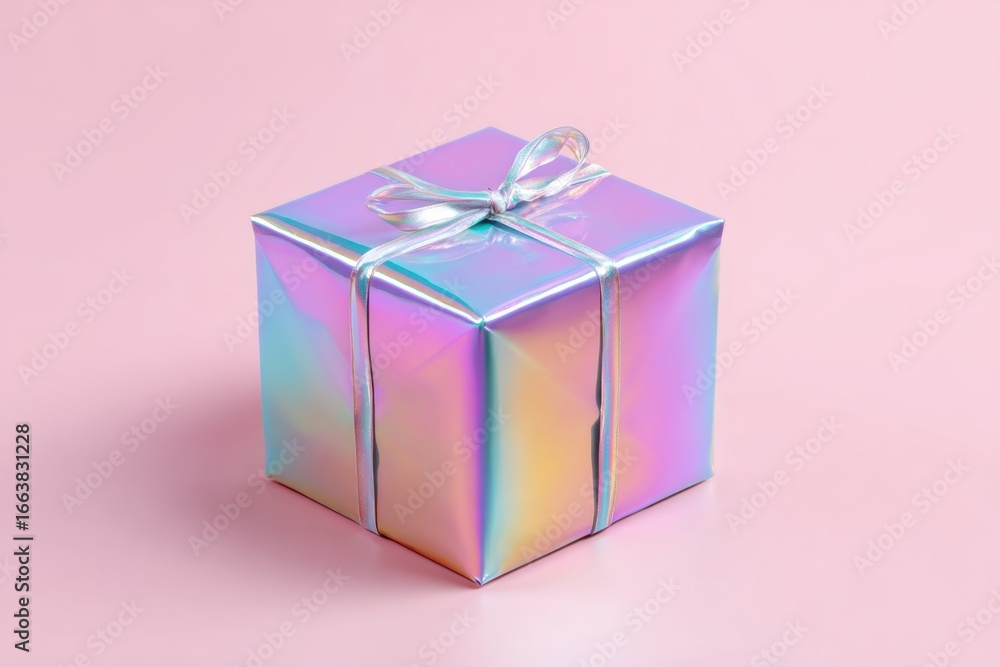 Obraz premium Holographic gift box with ribbon on a pink background