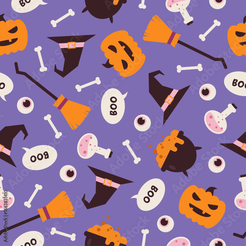 Hand drawn seamless halloween pattern with cute elements in flat style. Spooky cartoon backdrop with bones, pumpkins, hats and broomsticks. Vector print in simple geometric shapes on purple background