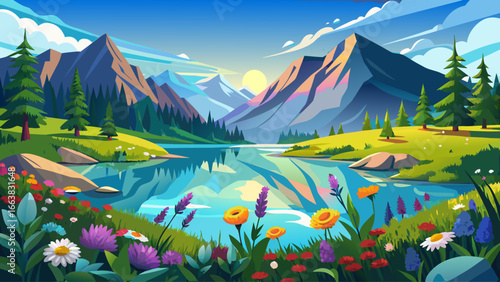 Serene mountain lake reflects clear blue sky, framed by vibrant wildflower meadow glowing in summer light, gentle breeze carries fragrance, timeless harmony whispers softly, nature’s peaceful beauty r