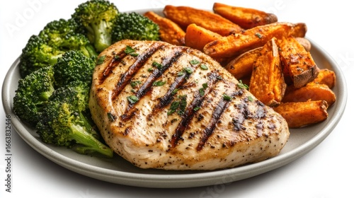 Grilled chicken breast with roasted sweet potato fries and broccoli on a plate