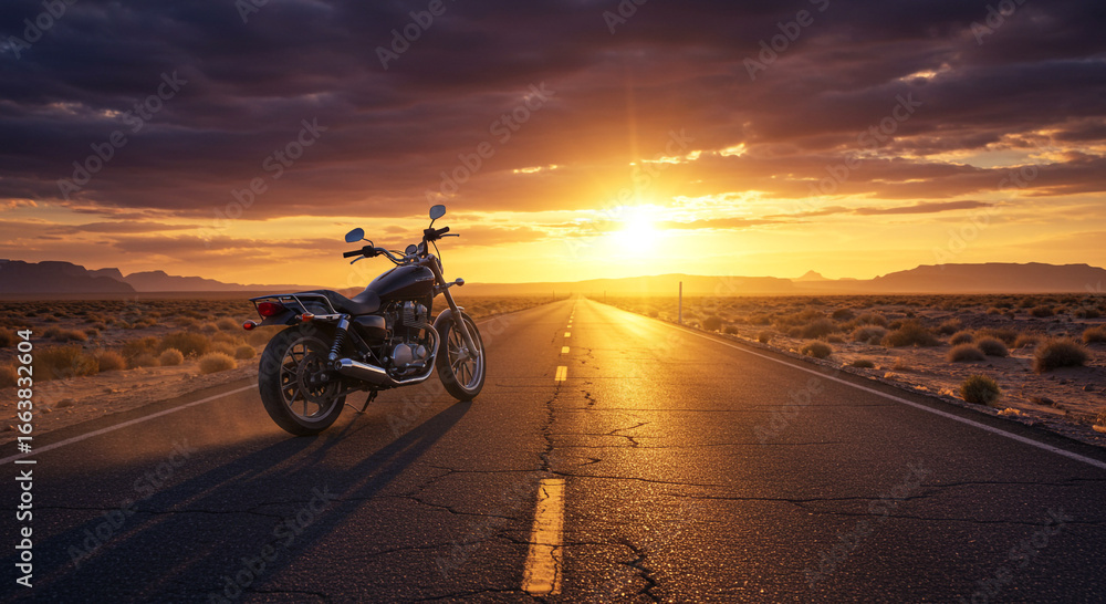 Fototapeta premium Motorcycle parked on a desert highway with a dramatic sunset and distant mountains in the background