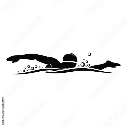 Silhouette of a swimmer executing the front crawl stroke with water splashes and ripples silhouette