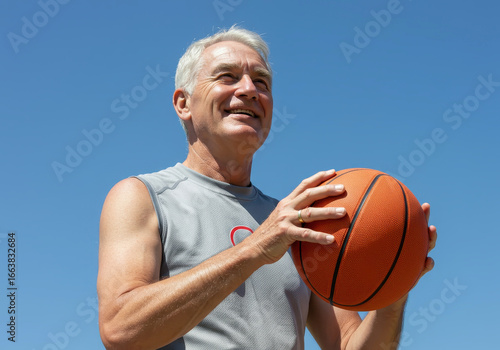 Portrait of a senior man playing basketball, a powerful image of vitality, joy, and longevity that defies stereotypes about age