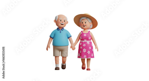 Adorable elderly couple strolling hand in hand, radiating love and happiness, enjoying their golden years together with enduring connection