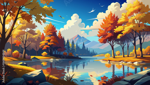 Autumnal splendor glows across serene lake, vivid fall foliage reflected under bright blue sky, golden leaves shimmer warmly, calm waters mirror stillness, timeless scene unfolding gently, breathtakin