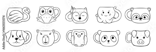big set cute ceramic mugs with animal images, simple black and white vector icons, doodle and sketch style