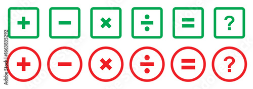 Plus, minus, multiply, divide and equal sign icon design set. Calculation and Mathematical sign symbol icon. Addition, subtraction, multiplication, division, equal sign, icon symbol.