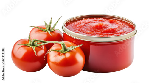 Canned Tomato Sauce with Fresh Tomatoes on Display