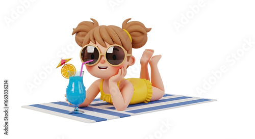 Adorable girl enjoys summer vacation with vibrant cocktail on striped towel, a refreshing getaway captured in stunning 3D rendering for lifestyle brands
