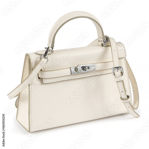 Papier peint Elegant off-white leather handbag with silver hardware and lock isolated on whit