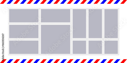 Postage stamp vector set. Postcard vintage seal, post letter, postcard sticker. Paper mail envelope, old travel mark. Square rectangular shape, vintage jagged. Perforated edges, air delivery border