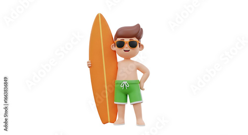 Cartoon surfer dude with cool shades ready for summer fun, bringing a playful, lighthearted vibe to your project with this 3D rendered character