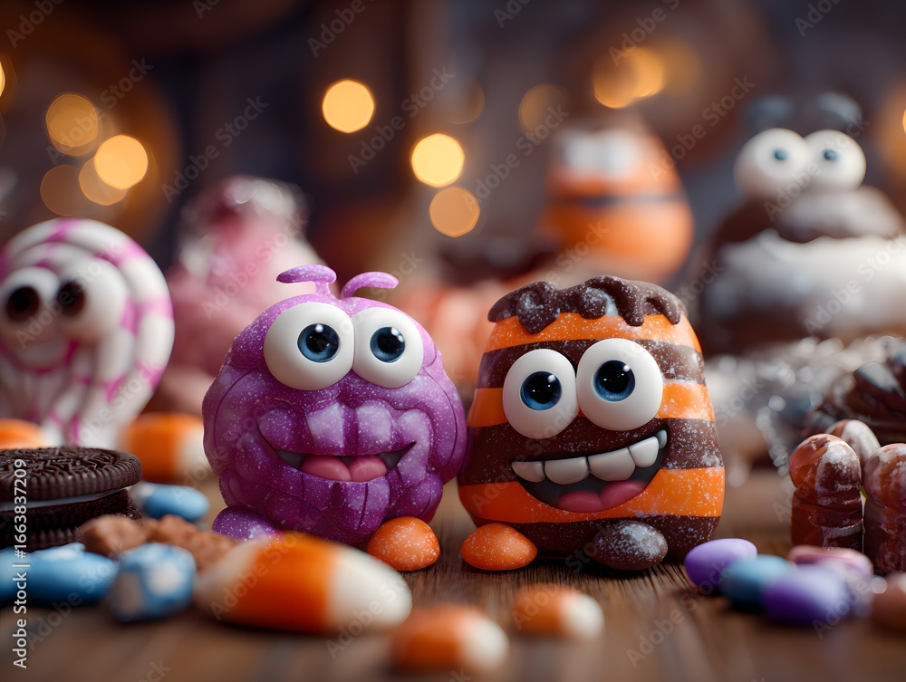 Fototapeta premium Spooky Halloween sweets – realistic candy characters on wooden table