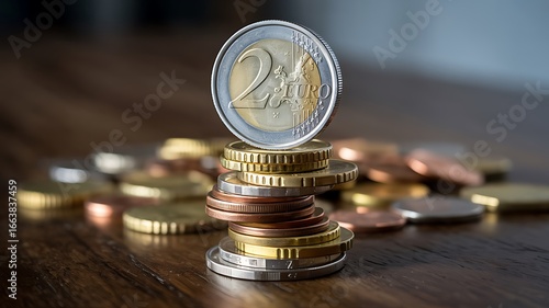 Stack of euro coins with two euro coin on top money