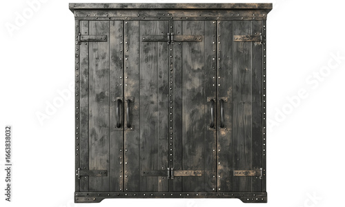 A sturdy, dark wooden cabinet with metal accents and handles, featuring multiple doors and a rustic design.