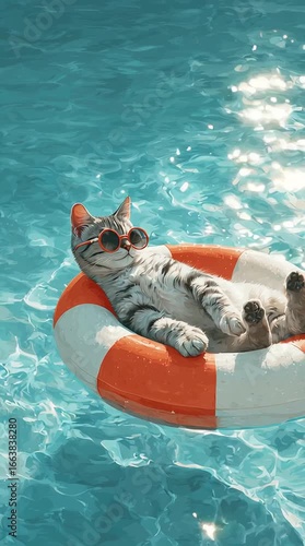 A cute cat lies leisurely on a lifebuoy, wearing fashionable sunglasses, drifting with the gentle waves on the shimmering sea surface.