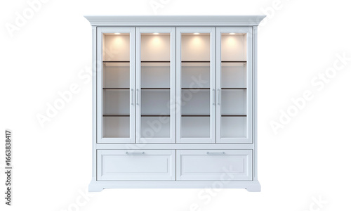 A sleek, modern white cabinet featuring glass doors and interior lighting, designed for showcasing items elegantly.