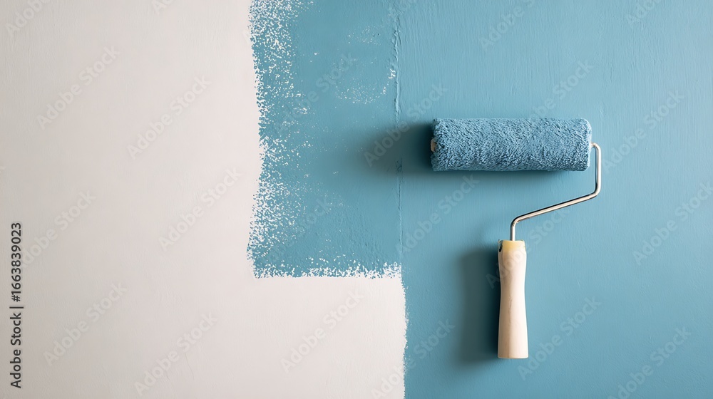 Obraz premium Painting a wall blue with a roller transforming the room The roller contrasts against the freshly painted section