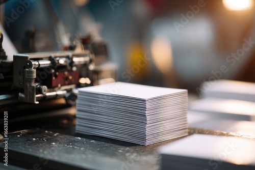 Stacked printed cards, industrial printing press, factory, production