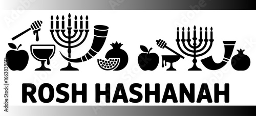 Rosh Hashanah Jewish New Year silhouettes with apples, honey, pomegranates, shofar and menorah symbolizing tradition, blessing and cultural celebration, silhouette, vector