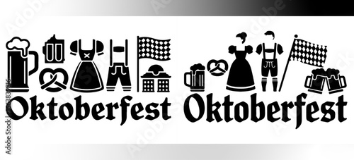 Oktoberfest silhouettes with beer mugs, pretzels, costumes, flags and festive elements representing traditional Bavarian German beer festival celebration, silhouette, vector