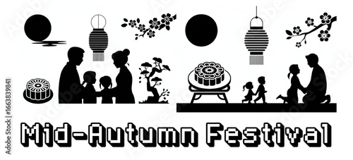 Mid-Autumn Festival illustration with family, mooncakes, lanterns, full moon and cherry blossoms celebrating traditional Asian harvest festival, silhouette, vector