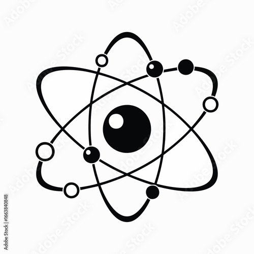 A clean black and white vector icon of an atom, showing a central nucleus and orbiting electrons