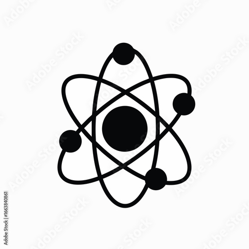 A clean black vector icon of an atom model, featuring a nucleus and orbiting electrons. This fundamental symbol represents science, physics, chemistry, and molecular structure