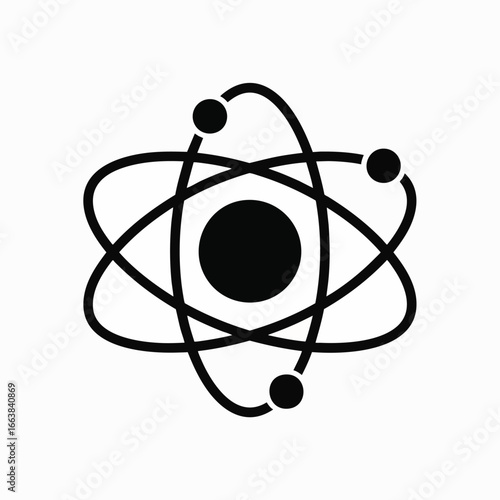 A clean, minimalist black vector icon of an atom, featuring a central nucleus and orbiting electrons. This graphic symbol effectively represents concepts in science, physics, and chemistry