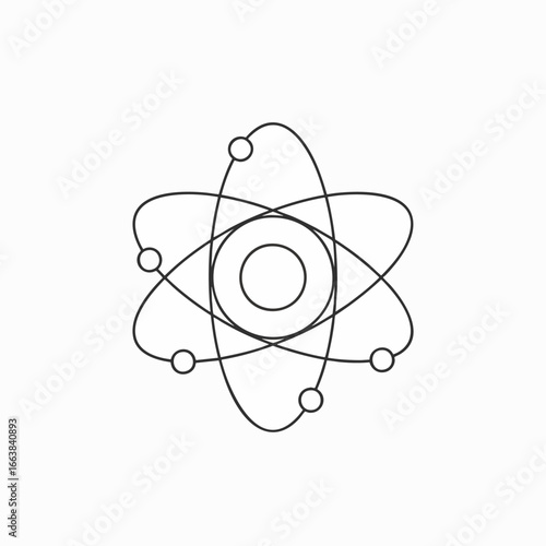 A clean, minimalist line art icon of an atom, featuring a central nucleus and orbiting electrons, isolated on a white background