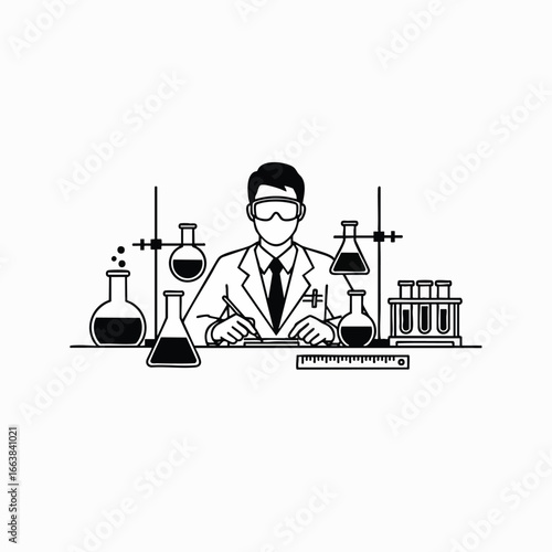 A diligent scientist in goggles and lab coat works at a lab bench with beakers, flasks, and test tubes in this black and white line art, symbolizing research, biotechnology, and the atom