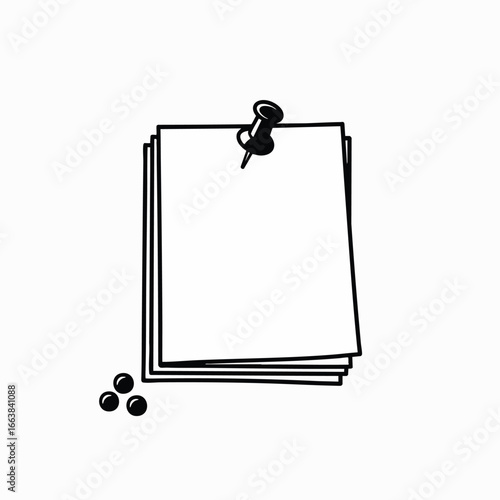 A minimalist black and white line art illustration of blank papers held by a pushpin