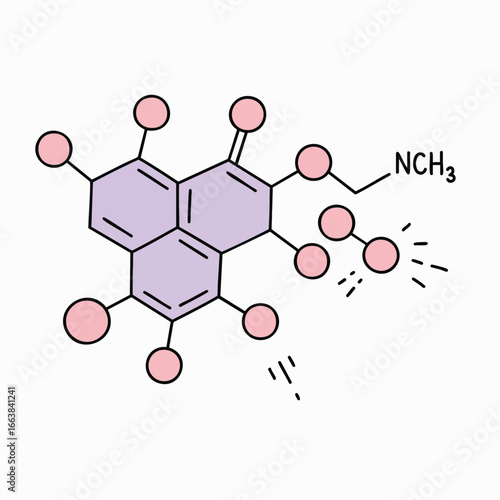 A stylized illustration of a chemical compound, possibly representing a drug or molecule. The image features an atom structure in a clean, minimalist style, ideal for biotechnology concepts