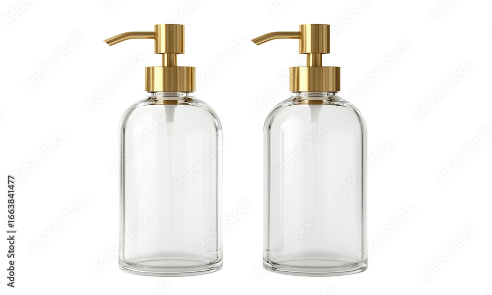 Two glass pump bottles with gold metal dispensers, ideal for soap or lotion Two glass pump bottles with gold metal dispensers, ideal for soap or lotion