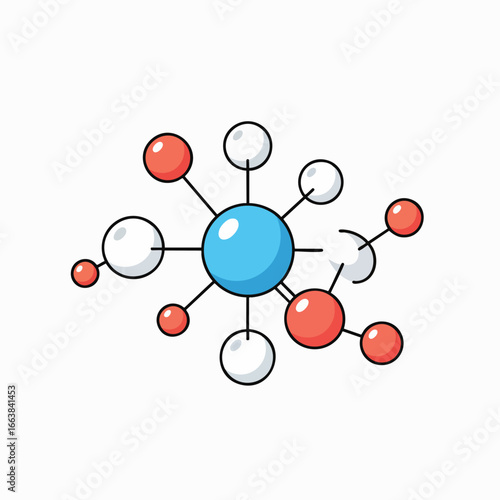A vibrant vector illustration of a stylized molecular structure, featuring a central atom connected to colorful spheres via dashed bonds