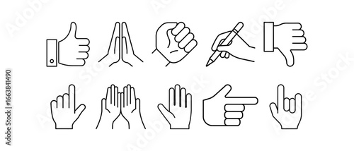 Outline icon pack of human hands in different gestures and poses. Includes thumbs up, open palm, clenched fist, hand holding pencil, praying hands, pointing finger, and other symbolic hand signs.