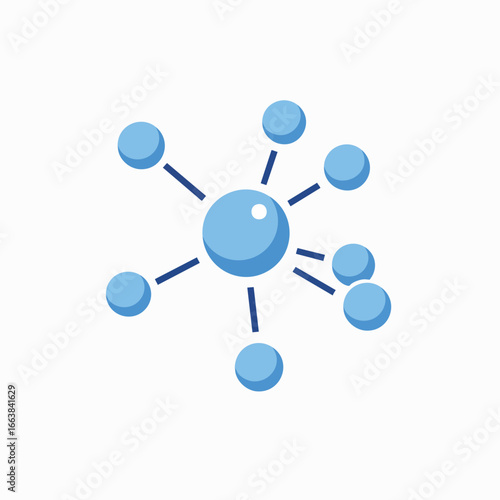 Abstract blue molecular structure on white, representing an atom or scientific network. A central node connects to multiple spheres