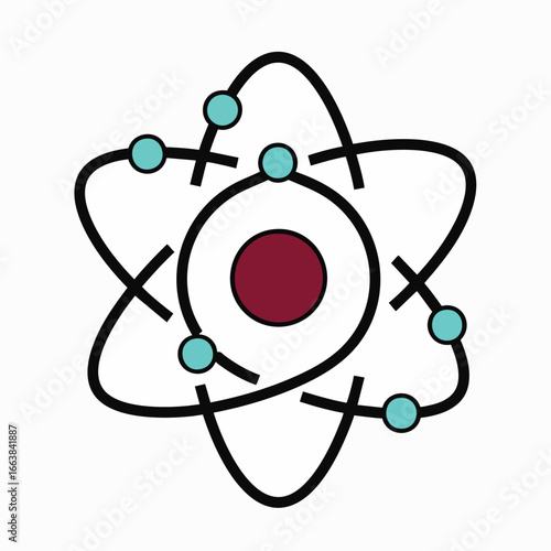 An atom illustration, a concept for biotechnology, nanotechnology, and scientific research. Modern design on a white background showcases the structure of matter with energy