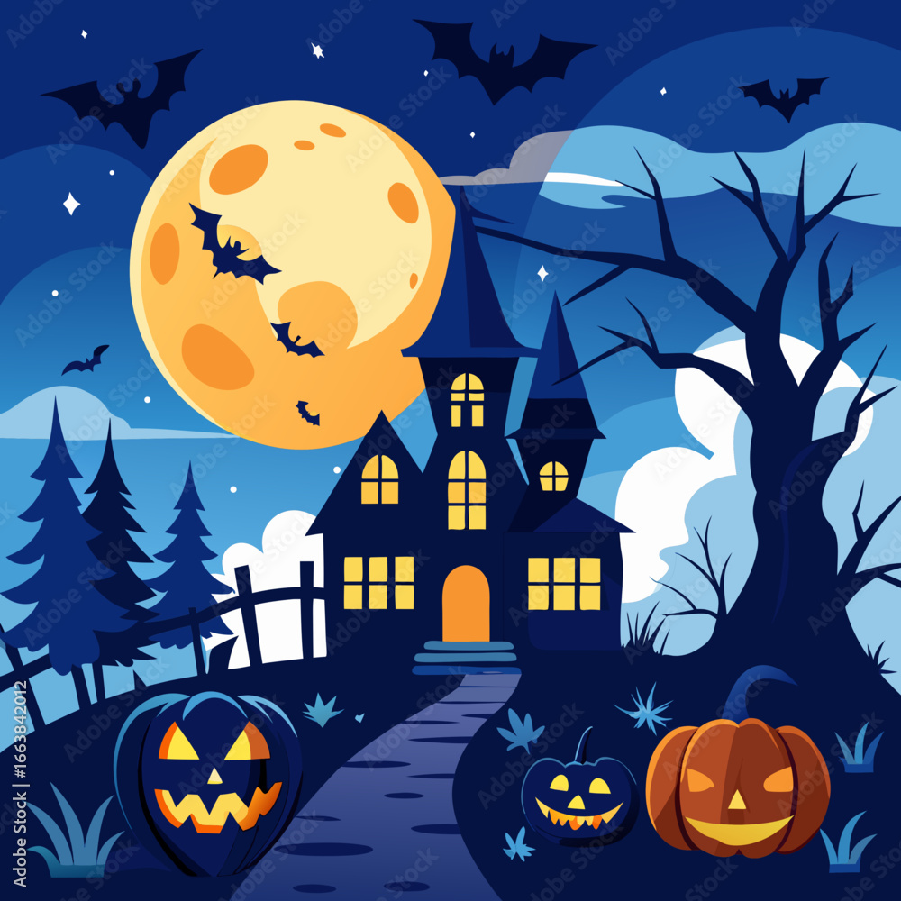 Fototapeta premium Scary halloween night scene with haunted house full moon and jack-o'-lanterns vector illustration vector