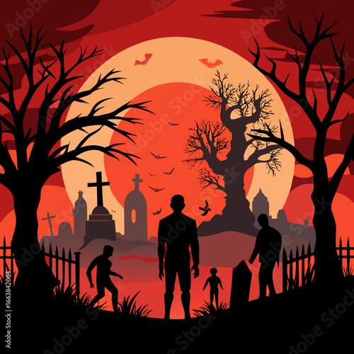 Haunted cemetery scene with walking zombies and eerie full moon vector illustration vector
