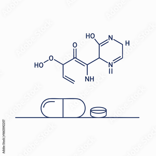 Blue line art illustration depicts a complex chemical molecular structure, highlighting its significance in biotechnology research. Below it, a pharmaceutical capsule and tablet are presented