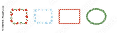 Festive frames collection with holiday motifs featuring mittens, snowflakes, candy cane, and pine branch