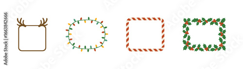 Festive christmas frames featuring reindeer, holly, lights, and candy cane borders
