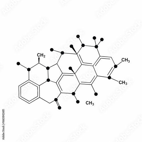 Detailed illustration of a complex organic chemical structure diagram, featuring multiple carbon rings, methyl groups, and methylene groups